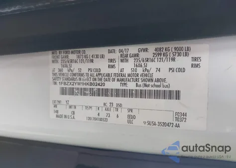 2017 Ford Transit-350 Xlt z USA, uszkodzony, nr VIN 1FBZX2YM1HKB02420